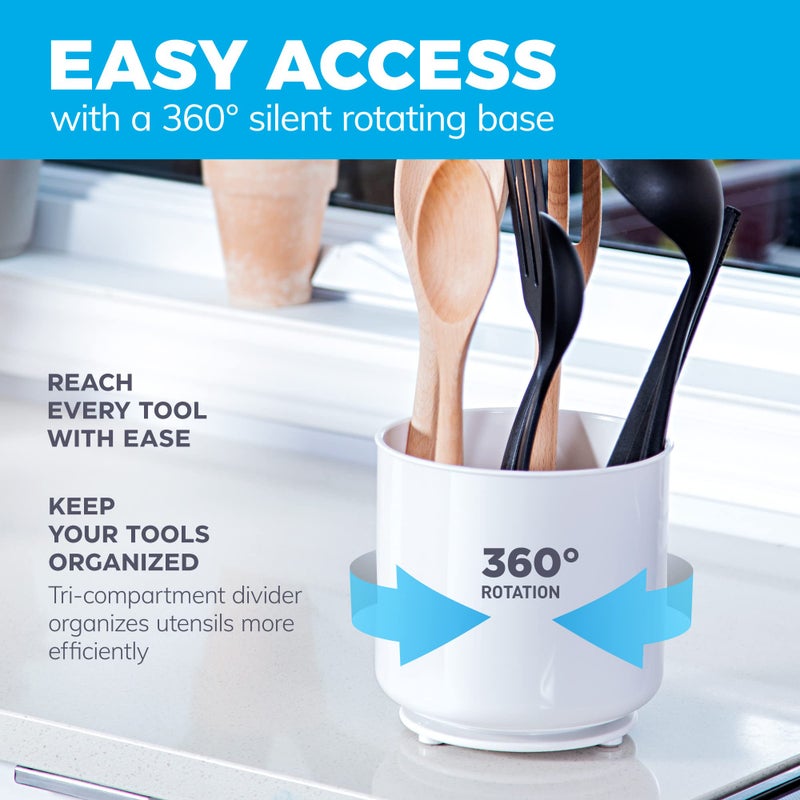 Cooler Kitchen Jumbo XL Rotating White Plastic Utensil Holder Caddy with Sturdy No-Tip Weighted Base, Removable Divider, and Gripped Insert - Dishwasher Safe Kitchen Utensil Holder for Countertop - Image 2